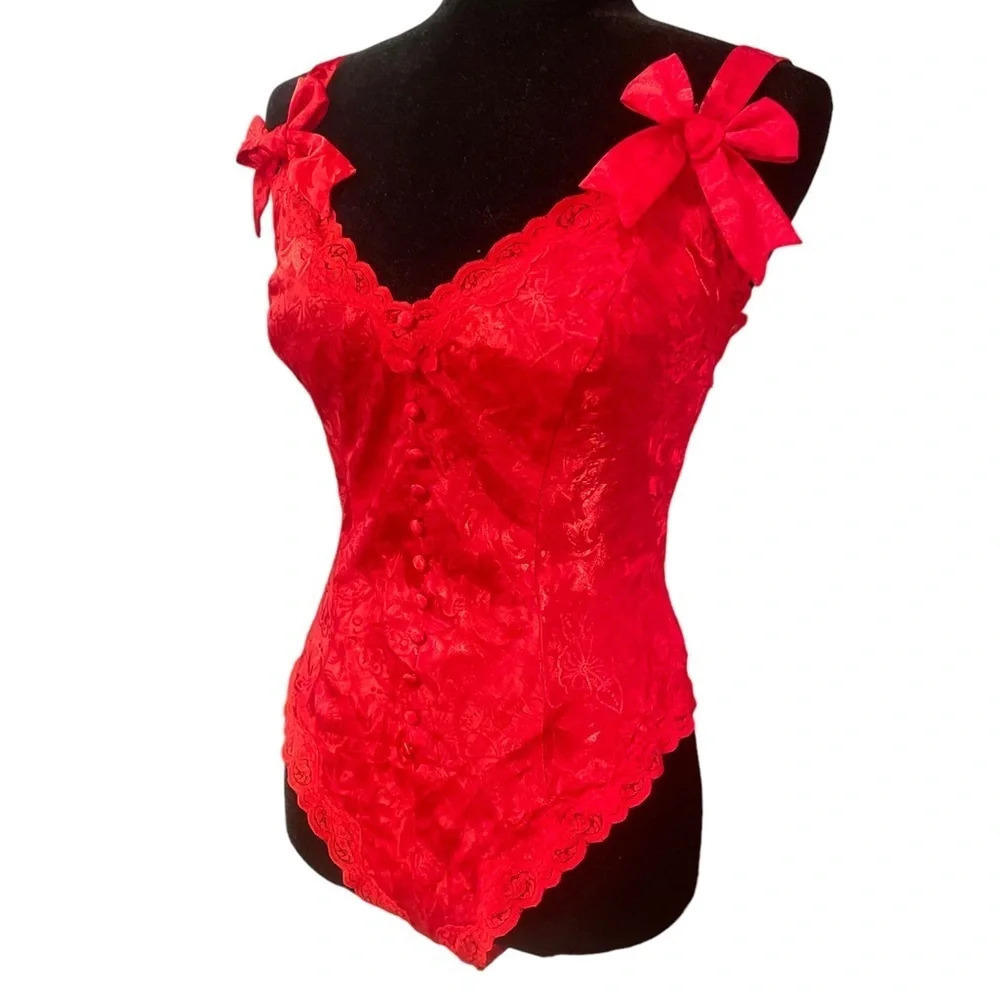 Vintage Victoria’s Secret Gold Label Red Brocade Teddy One Piece Bow Lingerie - Picture 6 of 13